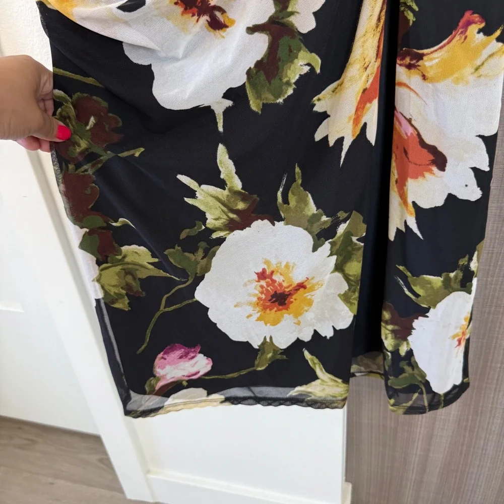 Abercrombie & Fitch Black Floral Mesh Off One Shoulder Ruched Maxi Dress Medium